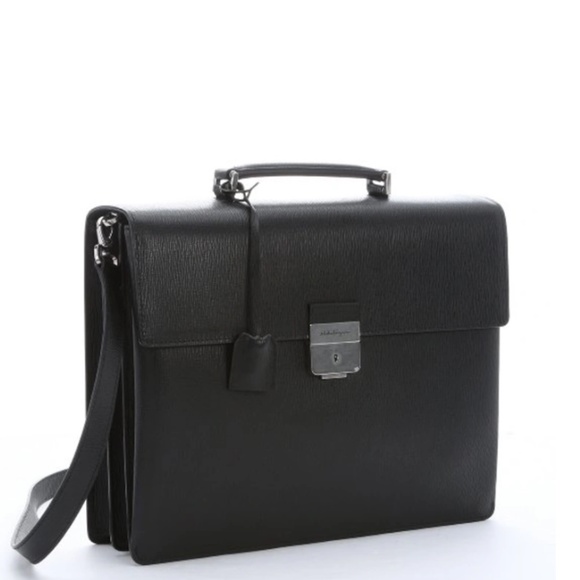 ⭐️HP⭐️Salvatore Ferragamo Black Textured Calfskin 'revival' Accordion Briefcase - Picture 1 of 10